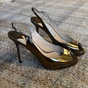 Jimmy Choo Metallic bronze Gold Slingback Peep Toe Heels